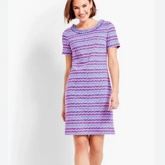 Talbots Ruffle Short Sleeve Chevron Dress Pink Blue White Size Small Petite‎ - Picture 1 of 13